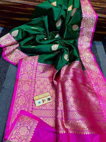 Katan Silk Saree with Antique Zari Work in Green - Saree - FashionVibes
