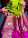 Katan Silk Saree with Antique Zari Work in LimeGreen - Saree - FashionVibes