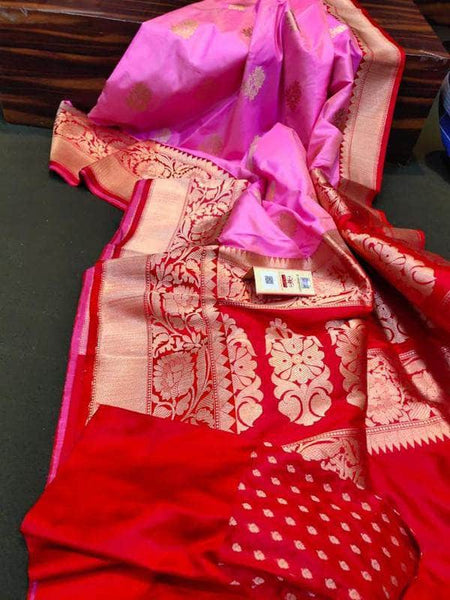 Katan Silk Saree with Antique Zari Work in Pink - Saree - FashionVibes