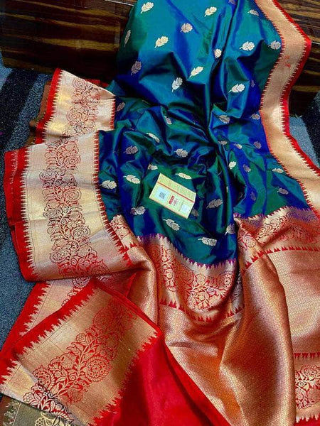 Katan Silk Saree with Antique Zari Work in Red and Blue - Saree - FashionVibes