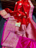 Katan Silk Saree with Antique Zari Work in Red and Pink - Saree - FashionVibes