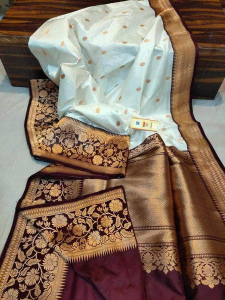 Katan Silk Saree with Antique Zari Work in White - Saree - FashionVibes
