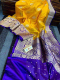 Katan Silk Saree with Antique Zari Work in Yellow and Blue - Saree - FashionVibes