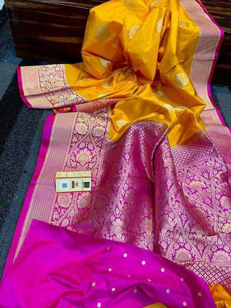 Katan Silk Saree with Antique Zari Work in Yellow - Saree - FashionVibes