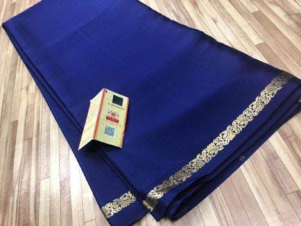 Pure mysore silk saree black and blue with plain body and zari woven b –  Prashanti Sarees