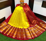 Kuppadam Kanchi Pletu Border Saree in Yellow and Red - Saree - FashionVibes