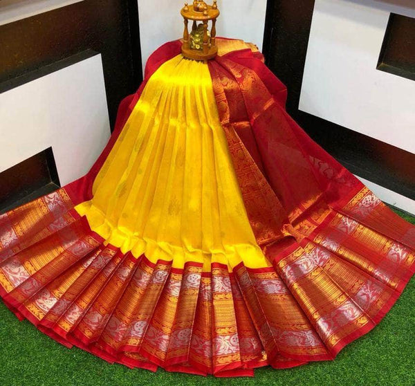 Kuppadam Kanchi Pletu Border Saree in Yellow - Saree - FashionVibes