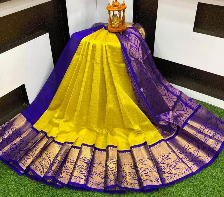 Kuppadam Kanchipuram Pletu Border Saree in Yellow - Saree - FashionVibes