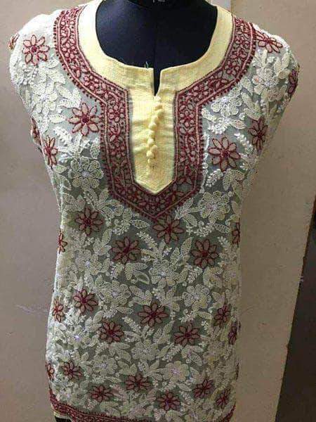 Lucknowi jeans top in Brown - Semi Stitched - FashionVibes