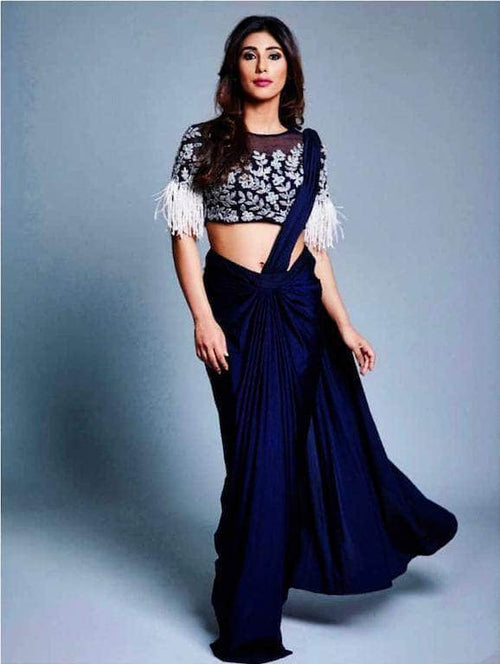 Midnight Blue Pre-draped Saree in - Saree - FashionVibes