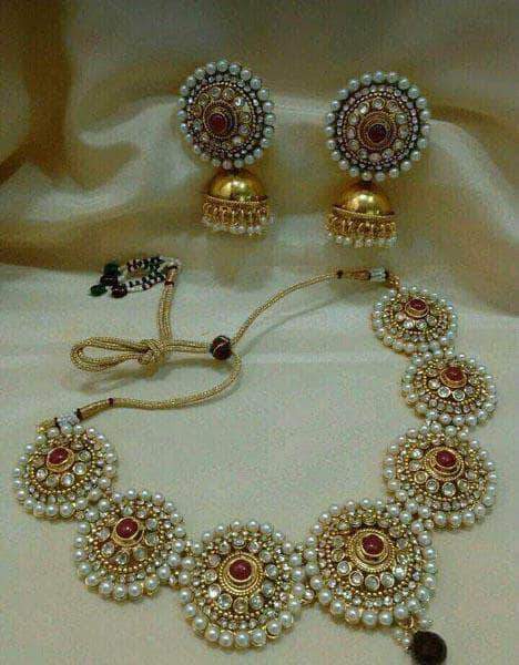 Moti necklace and earrings in Golden and Red - Jewelry - FashionVibes