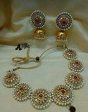 Moti necklace and earrings in Golden and Red - Jewelry - FashionVibes
