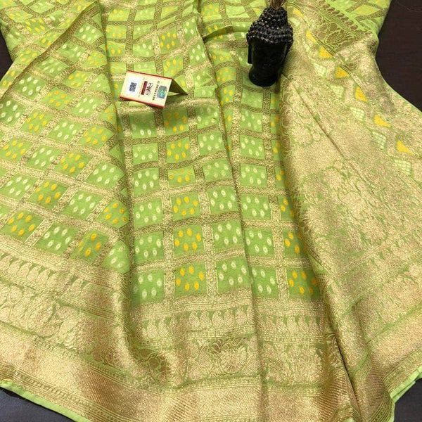 Multi Colored Bandhini Saree in GreenYellow - Saree - FashionVibes