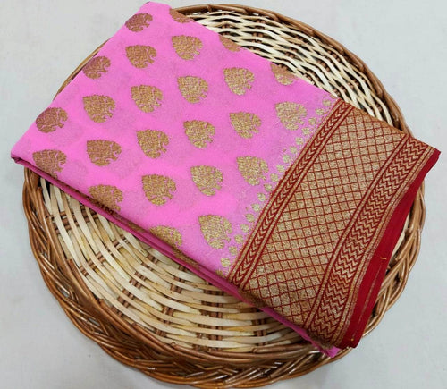New Designer Pure Handloom Banarasi Khaddi Chiffon Georgette Silk Saree in LightCoral - Saree - FashionVibes