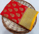 New Designer Pure Handloom Banarasi Khaddi Chiffon Georgette Silk Saree in Red and Yellow - Saree - FashionVibes