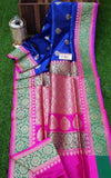 New Exclusive Banarasi Handloom Pure Khaddi Katan Silk Border Saree in Dark Blue - Saree - FashionVibes