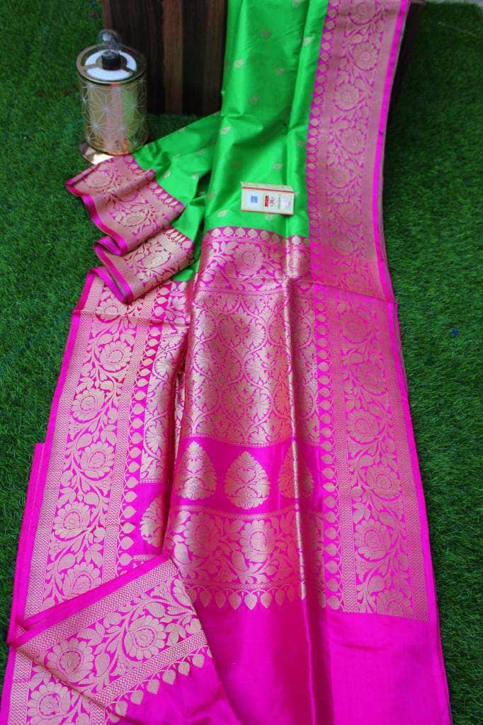 New Exclusive Banarasi Handloom Pure Khaddi Katan Silk Border Saree in Green - Saree - FashionVibes