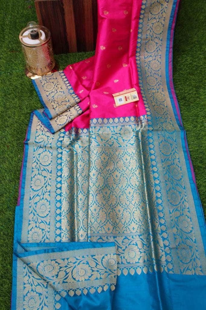 New Exclusive Banarasi Handloom Pure Khaddi Katan Silk Border Saree in Pink - Saree - FashionVibes