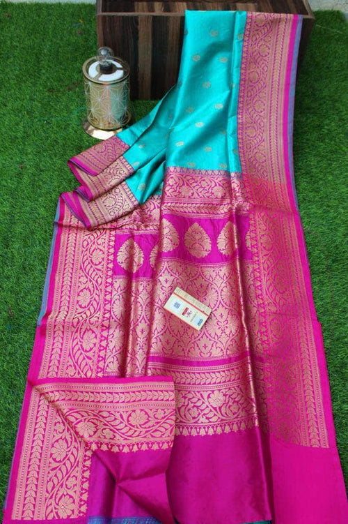 New Exclusive Banarasi Handloom Pure Khaddi Katan Silk Border Saree in Sea Green - Saree - FashionVibes
