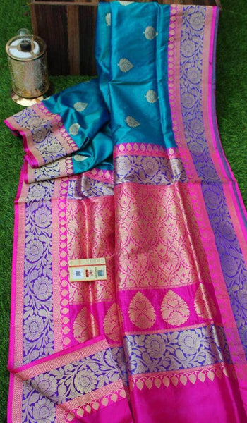 New Exclusive Banarasi Handloom Pure Khaddi Katan Silk Border Saree in Sky Blue - Saree - FashionVibes