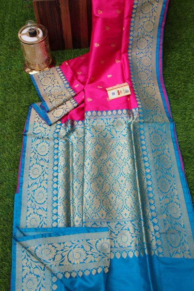 New Exclusive Banarasi Handloom Pure Khaddi Katan Silk Border Sarees in Pink - Saree - FashionVibes