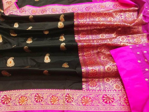 New Exclusive Pure Banarasi Handloom Khaddi Katan Silk Border Saree in Black - Saree - FashionVibes