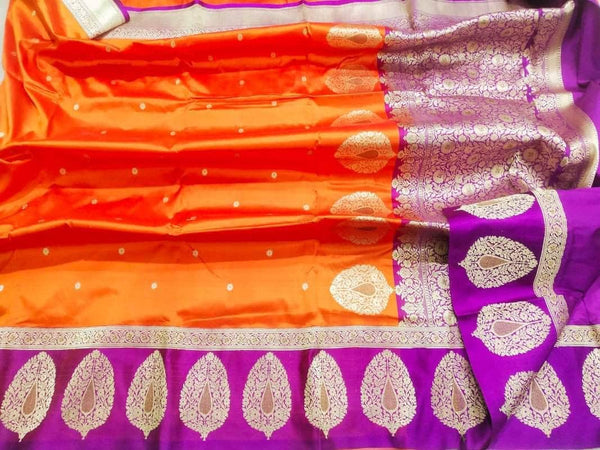 New Exclusive Pure Banarasi Handloom Khaddi Katan Silk Border Saree in Orange - Saree - FashionVibes