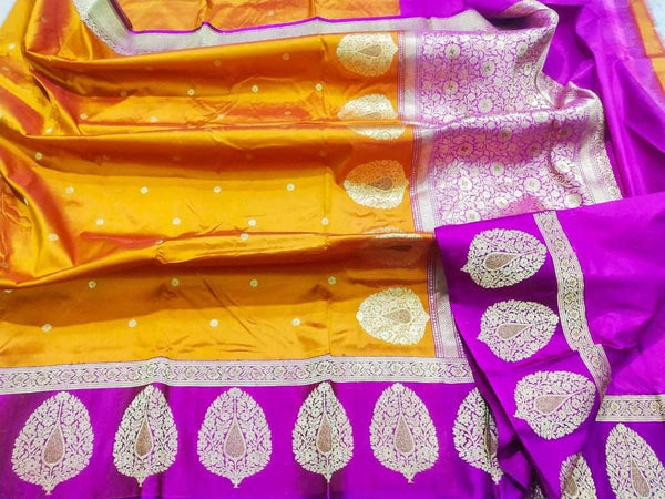 New Exclusive Pure Banarasi Handloom Khaddi Katan Silk Border Saree in Yellow - Saree - FashionVibes