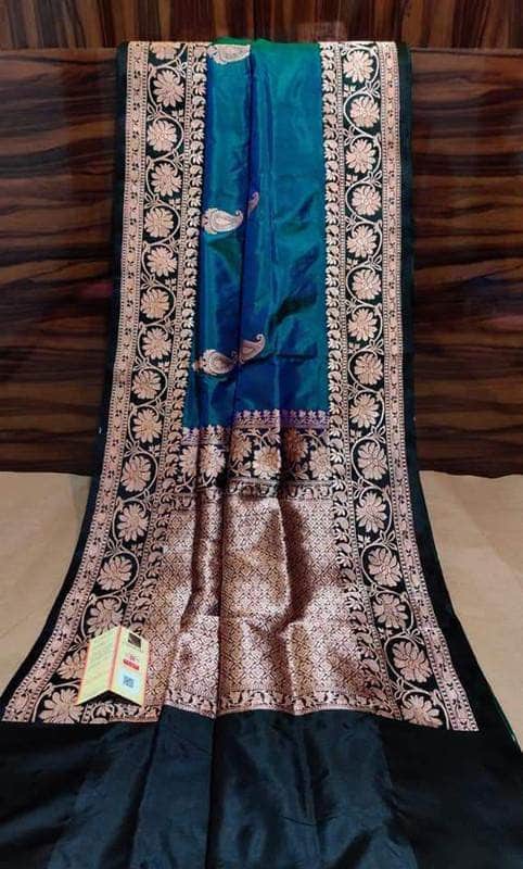 New Exclusive Pure Banarasi Handloom Khaddi Katan Silk Saree in Blue and Black - Saree - FashionVibes