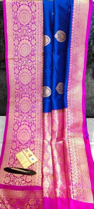 New Exclusive Pure Banarasi Handloom Khaddi Katan Silk Saree in Blue - Saree - FashionVibes