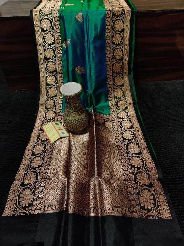 New Exclusive Pure Banarasi Handloom Khaddi Katan Silk Saree in Green - Saree - FashionVibes