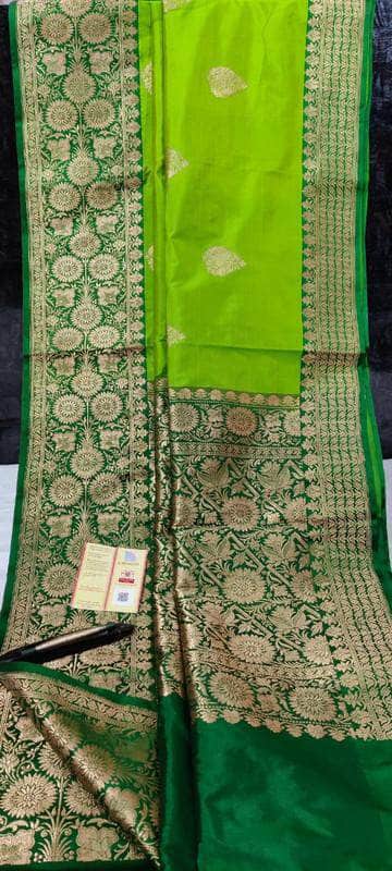 New Exclusive Pure Banarasi Handloom Khaddi Katan Silk Saree in LimeGreen - Saree - FashionVibes
