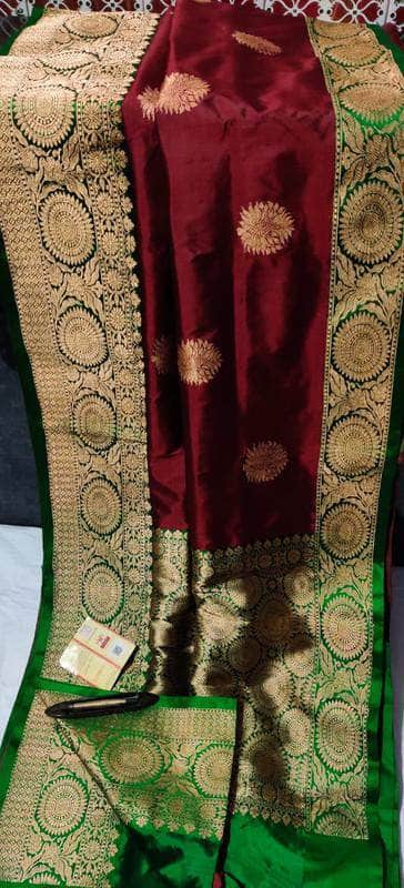 New Exclusive Pure Banarasi Handloom Khaddi Katan Silk Saree in Maroon - Saree - FashionVibes
