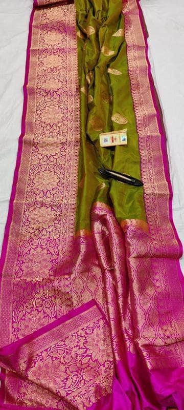 New Exclusive Pure Banarasi Handloom Khaddi Katan Silk Saree in Olive - Saree - FashionVibes