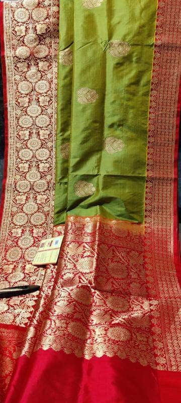 New Exclusive Pure Banarasi Handloom Khaddi Katan Silk Saree in OliveDrab - Saree - FashionVibes