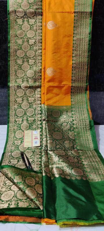 New Exclusive Pure Banarasi Handloom Khaddi Katan Silk Saree in Orange - Saree - FashionVibes
