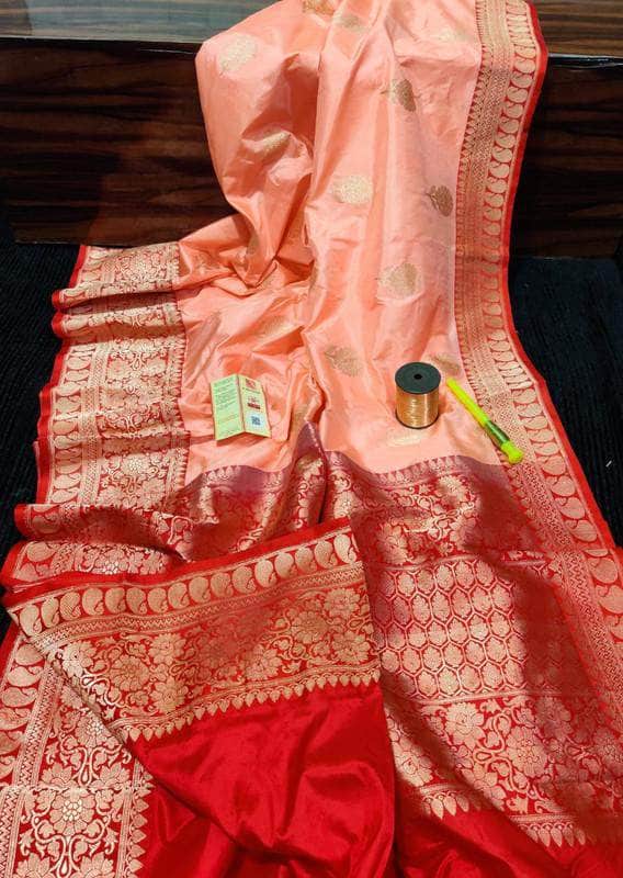New Exclusive Pure Banarasi Handloom Khaddi Katan Silk Saree in Salmon - Saree - FashionVibes