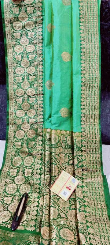 New Exclusive Pure Banarasi Handloom Khaddi Katan Silk Saree in Turquoise - Saree - FashionVibes