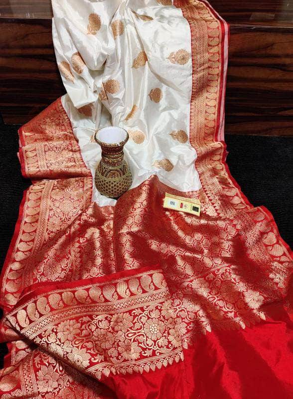 New Exclusive Pure Banarasi Handloom Khaddi Katan Silk Saree in White and Red - Saree - FashionVibes