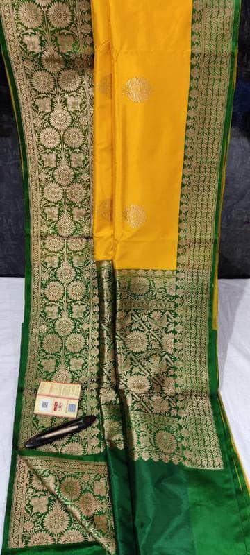 New Exclusive Pure Banarasi Handloom Khaddi Katan Silk Saree in Yellow and Green - Saree - FashionVibes