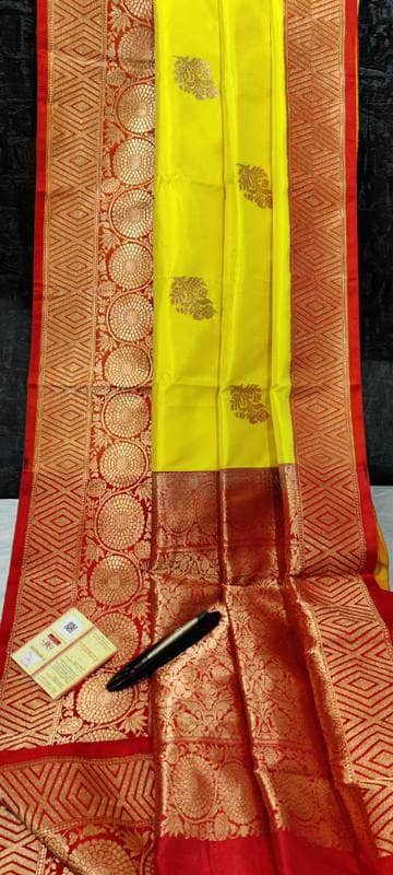 New Exclusive Pure Banarasi Handloom Khaddi Katan Silk Saree in Yellow - Saree - FashionVibes