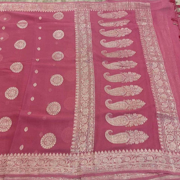 New Exclusive Pure Banarasi Silver Zari Weaved Beautiful Border Sarees in Dark Pink - Saree - FashionVibes