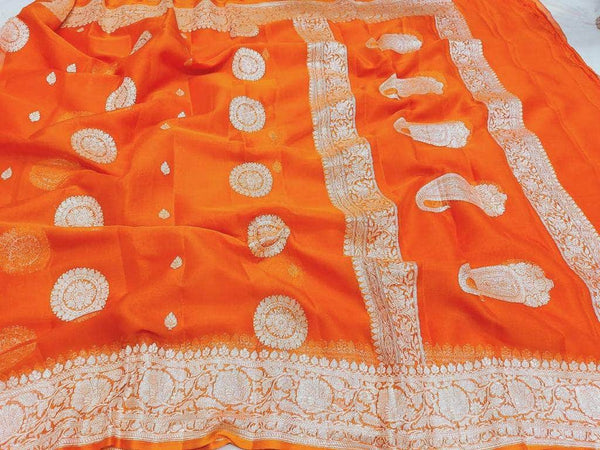 New Exclusive Pure Banarasi Silver Zari Weaved Beautiful Border Sarees in Orange - Saree - FashionVibes