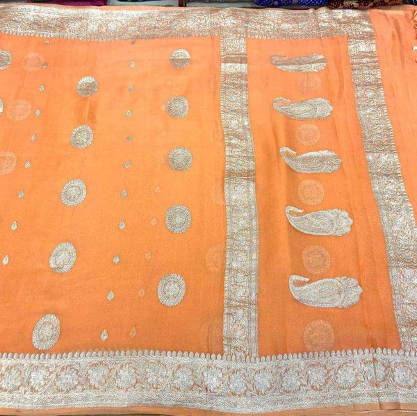 New Exclusive Pure Banarasi Silver Zari Weaved Beautiful Border Sarees in Peach - Saree - FashionVibes