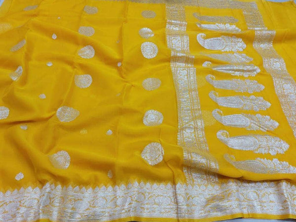New Exclusive Pure Banarasi Silver Zari Weaved Beautiful Border Sarees in Yellow - Saree - FashionVibes