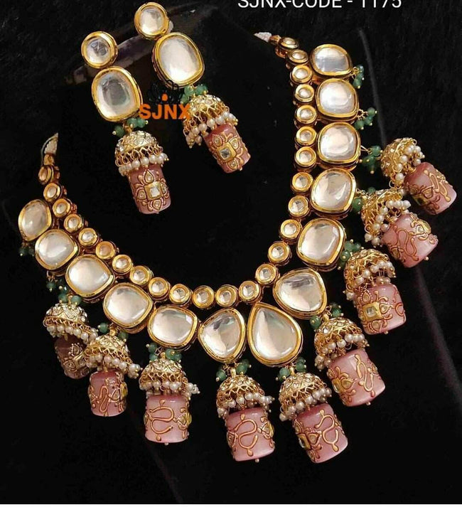 Onyx Kundan Set in Pink - Jewelry - FashionVibes
