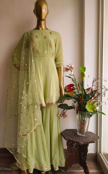 Peplum Style Gotta patti Sharara Suit in Green - Salwar Suit - FashionVibes