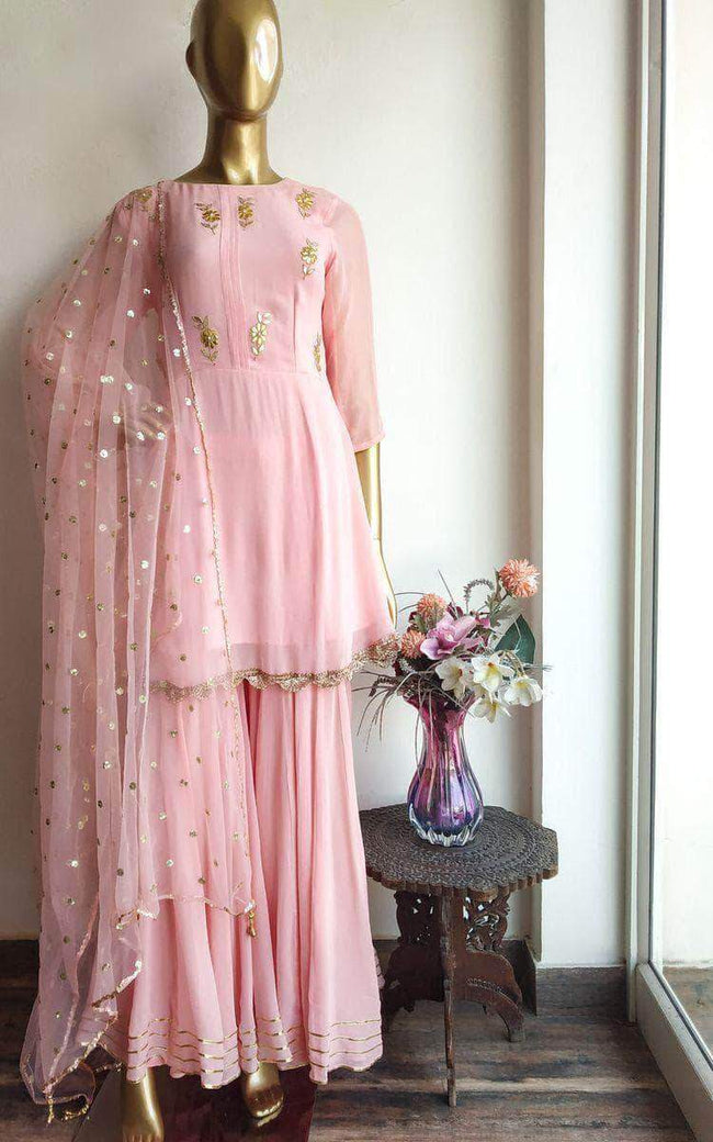 Peplum Style Gotta patti Sharara Suit in Pink - Salwar Suit - FashionVibes
