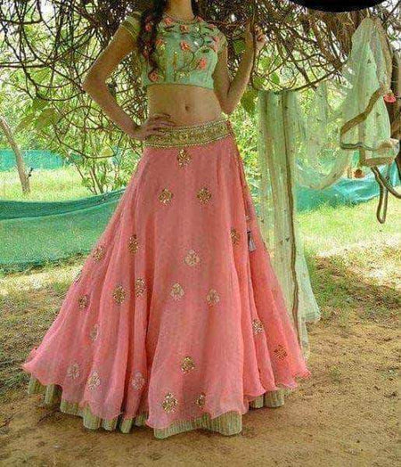 Pink Crop Top and Mint Color Georgette Skirt