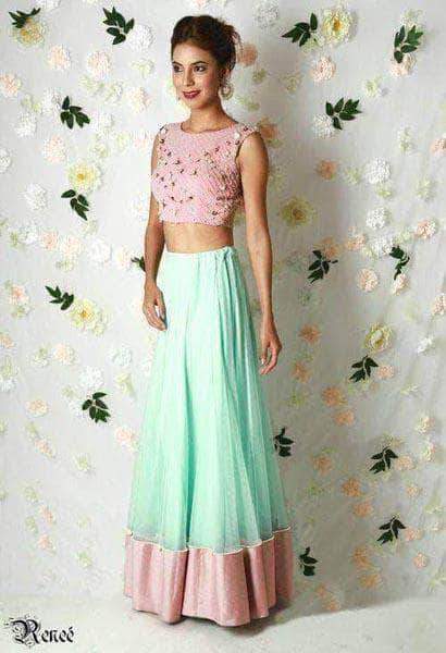 Pink Crop Top and Mint Color Georgette Skirt in - Custom Salwar suit and Lehenga - FashionVibes